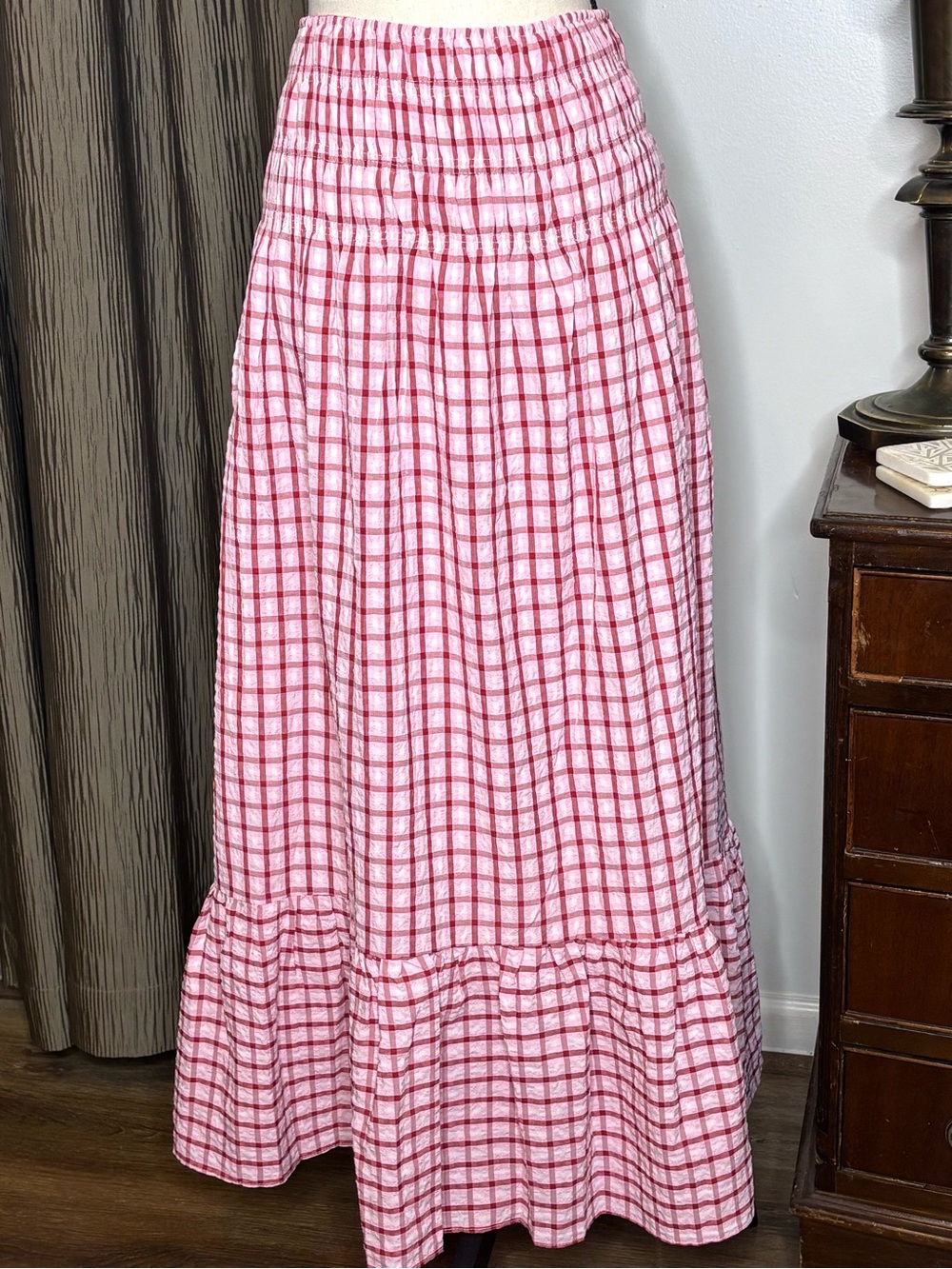 English Factory Pink Checked Maxi Skirt with Smocked Waist -New With Tags